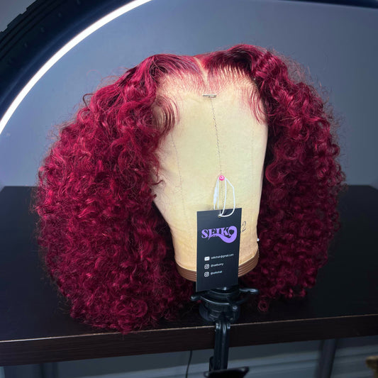CHERRY RED GLUELESS CURLY WIG
