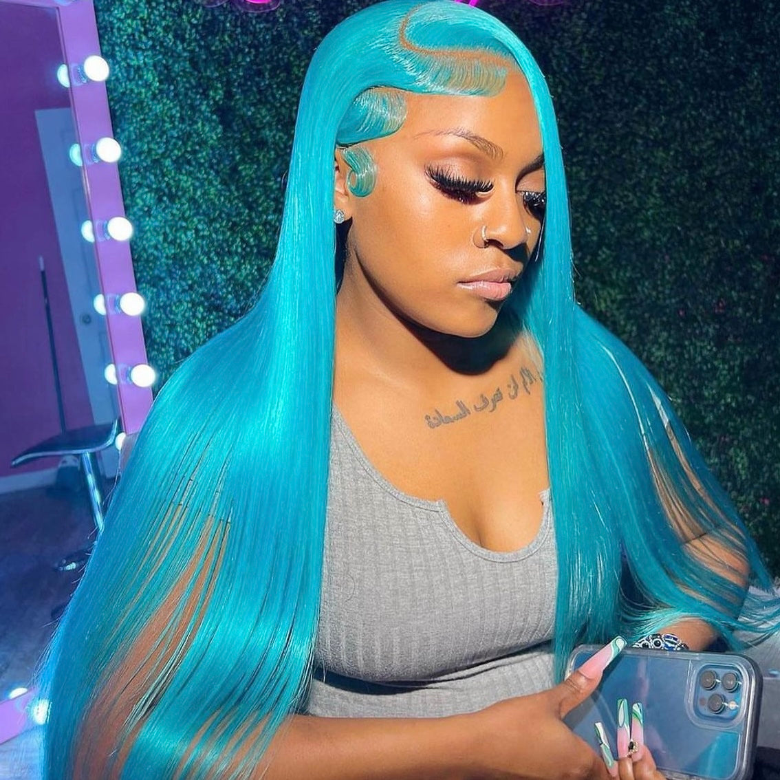 Blue Pre-Plucked Lace Frontal Wig Ready To Wear